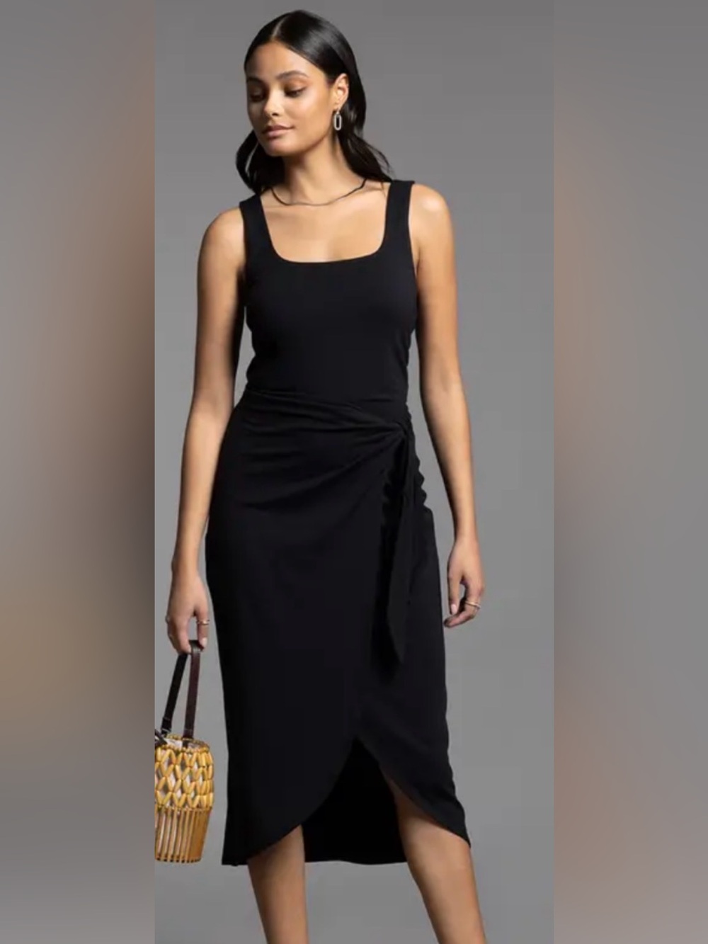 Able Black Tie-Front Faux Wrap Midi Dress